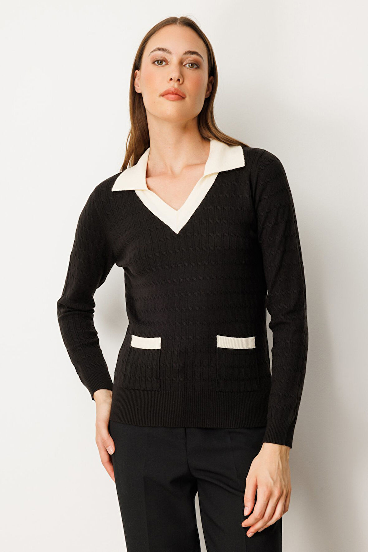 On Kadın Cep Detaylı Uzun Kollu Kazak 65313 Siyah