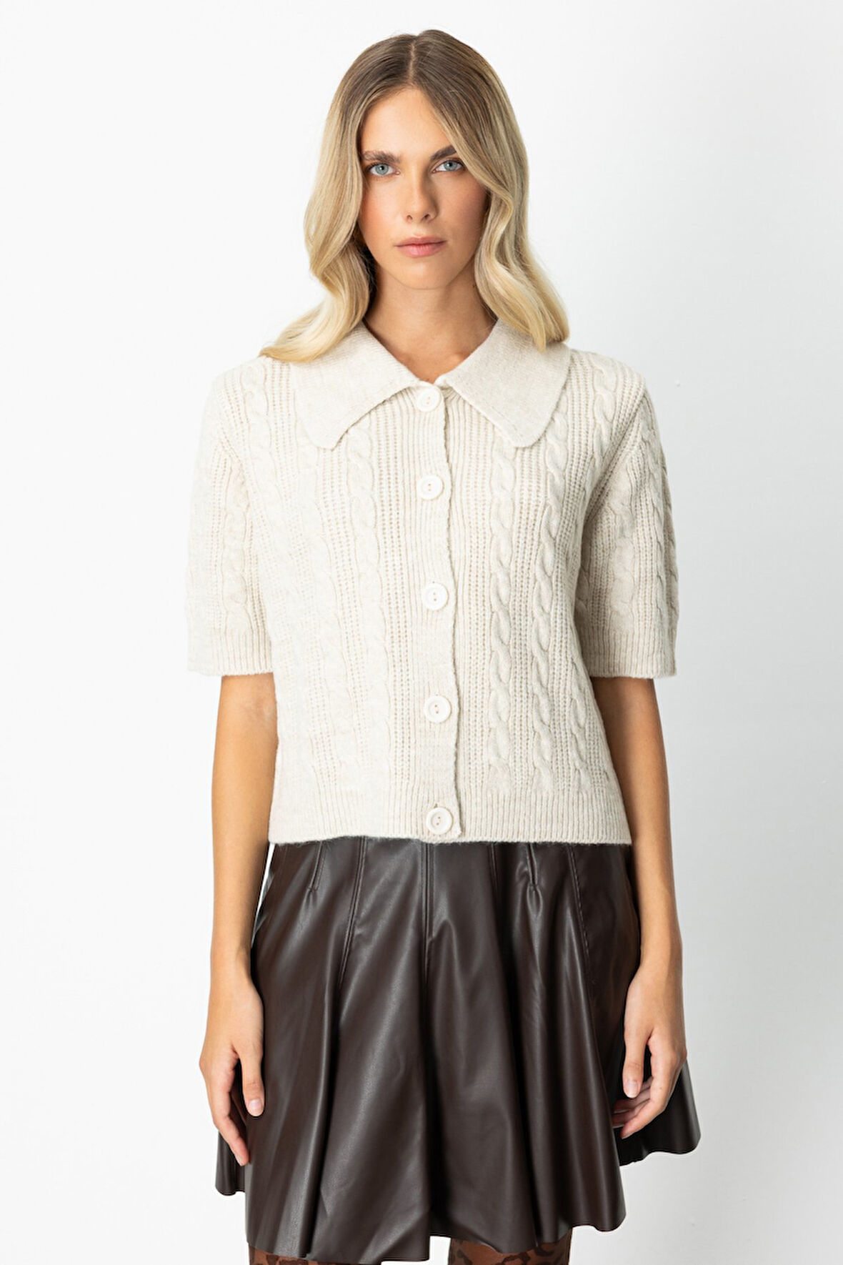 On Kadın Kısa Kollu Örme Hırka 65917 Bej