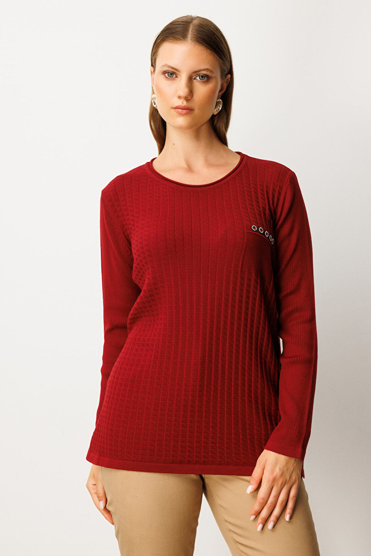 On Kadın Büyük Beden Cebi Taşlı Triko Kazak 65354 Bordo