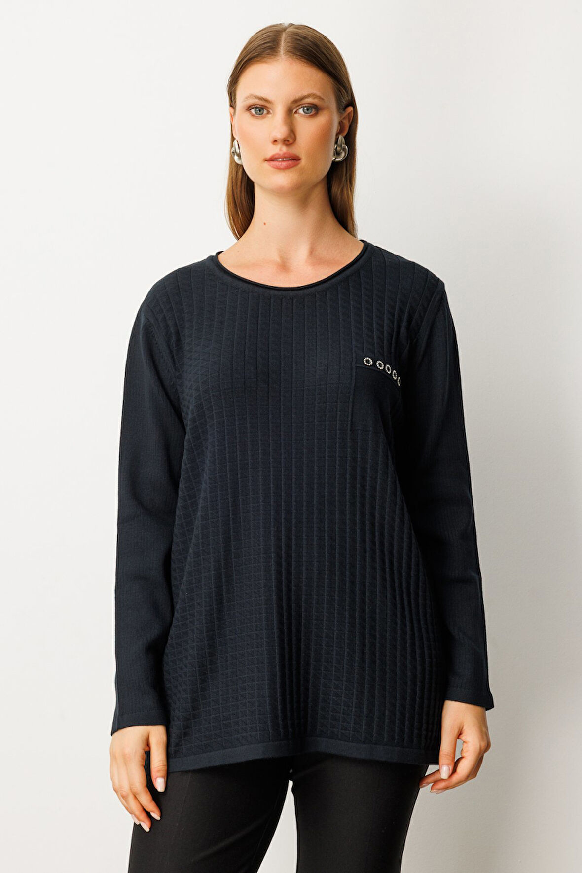 On Kadın Büyük Beden Cebi Taşlı Triko Kazak 65354 Siyah