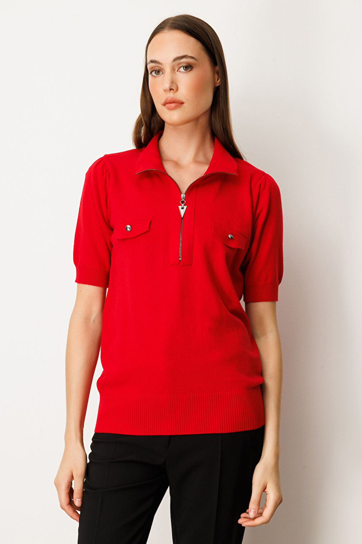 On Kadın Yakası Fermuarlı Kısa Kol Triko Kazak 65330 Kırmızı