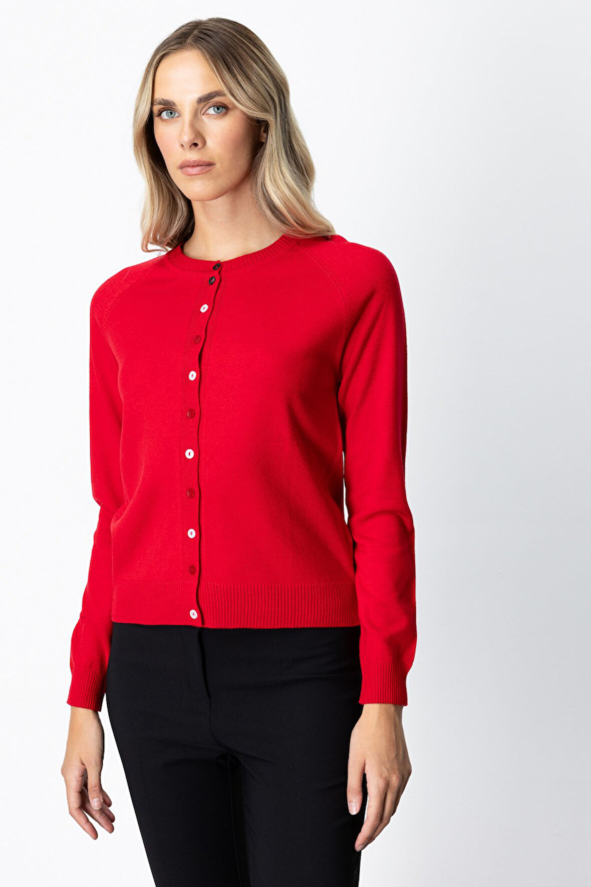 On Kadın Renkli Düğmeli Sıfır Yaka Triko Hırka 65921 Kırmızı