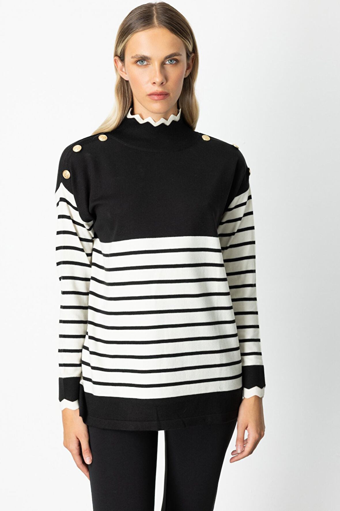 On Kadın Zikzak Detaylı Çizgili Triko Kazak 65392 Siyah