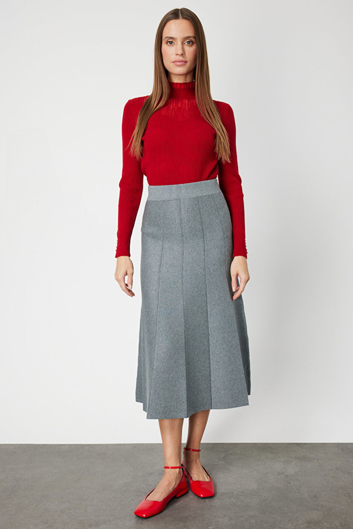 On Kadın Pileli Midi Triko Etek 65210 Gri