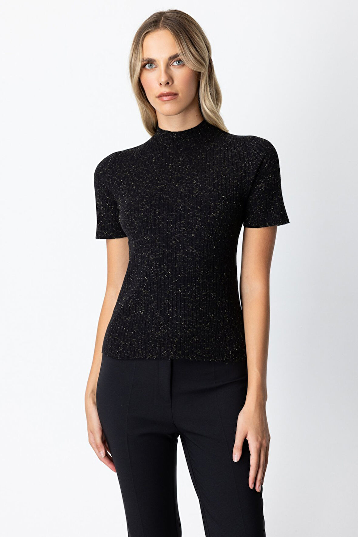 On Kadın Dik Yaka Kısa Kollu Triko Kazak 69302 Siyah