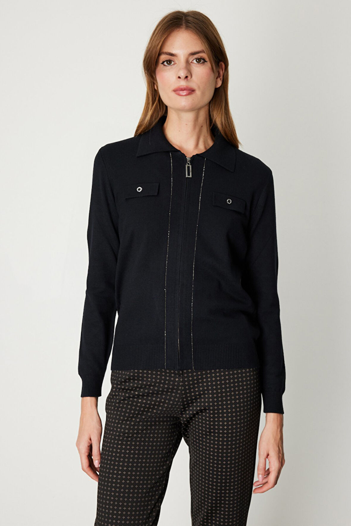 On Kadın Taş Şeritli Triko Hırka 65922 Siyah