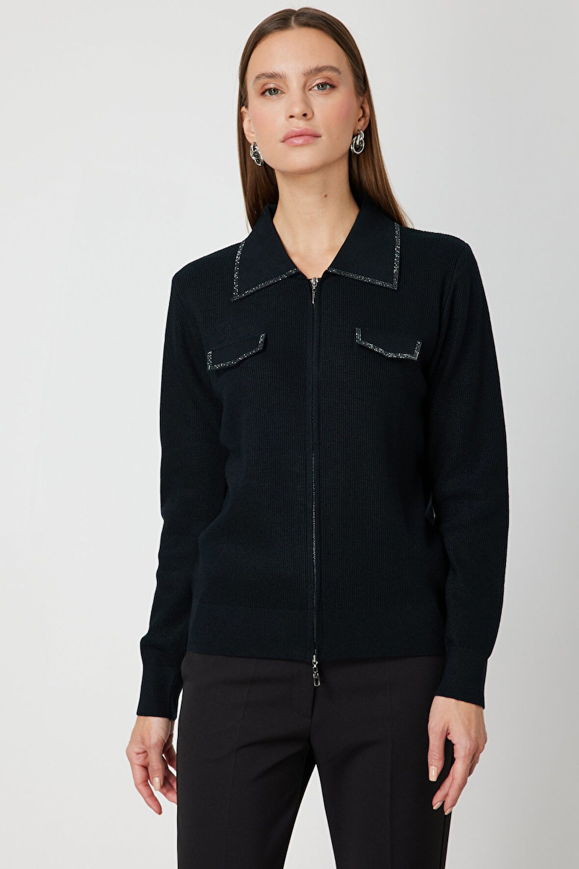 On Kadın Taş İşlemeli Triko Hırka 65926 Siyah