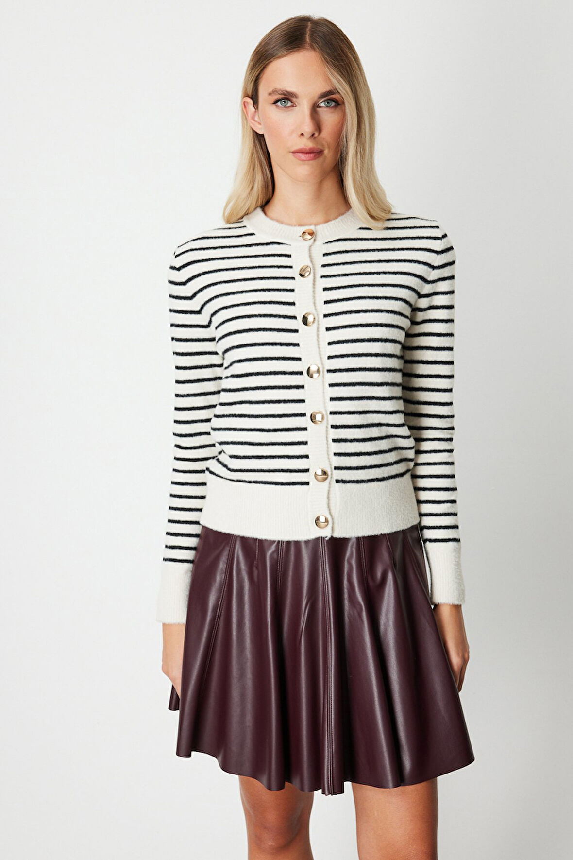 On Kadın Sıfır Yaka Çizgili Hırka 63901 Taş