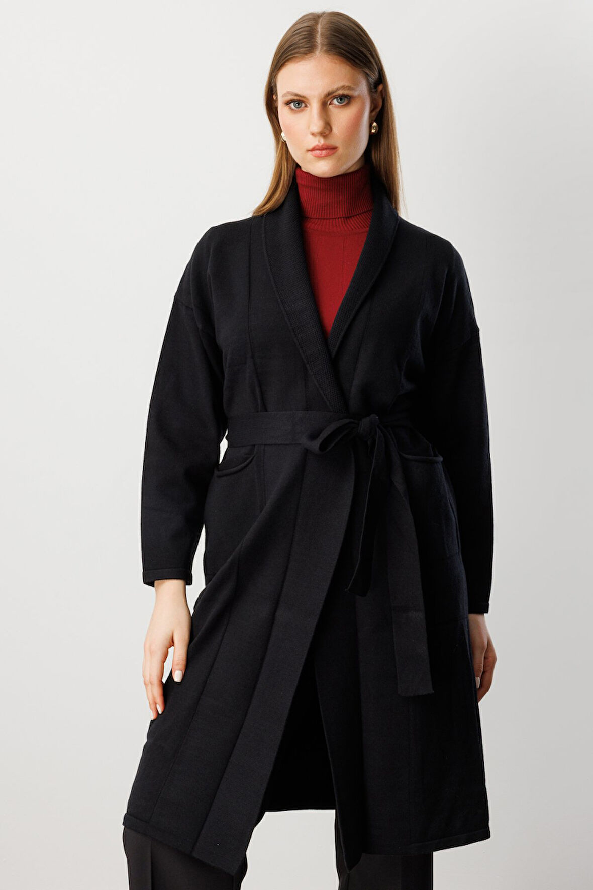 On Kadın Büyük Beden Beli Kuşaklı Şal Yaka Hırka 60900 Siyah