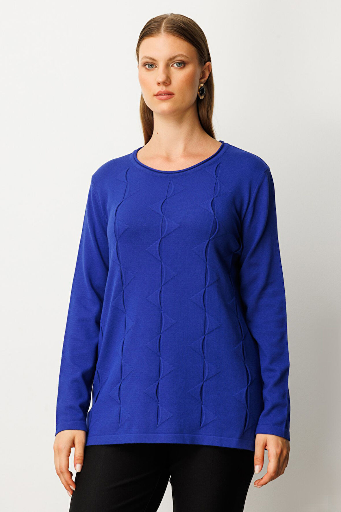 On Kadın Büyük Beden Kendinden Desenli Triko Kazak 65329 Saks