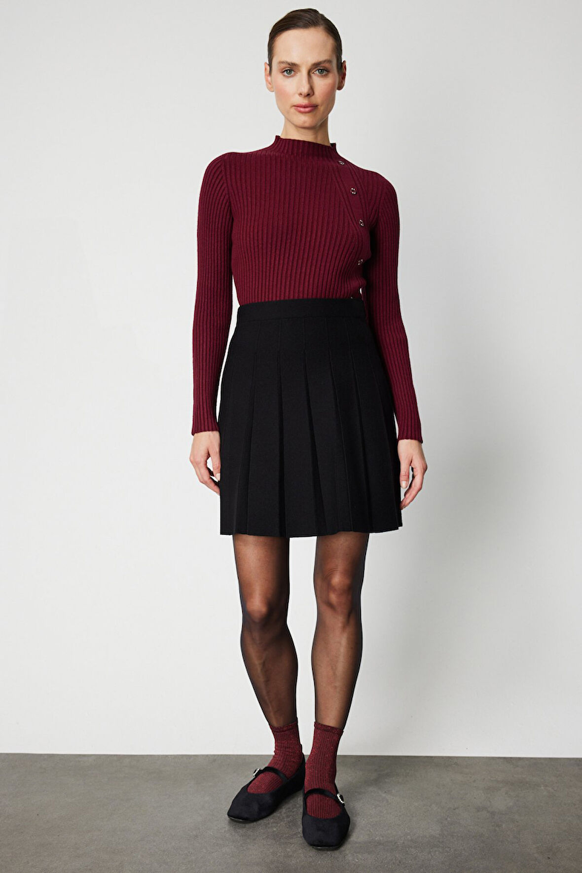 On Kadın Pileli Mini Triko Etek 69202 Siyah