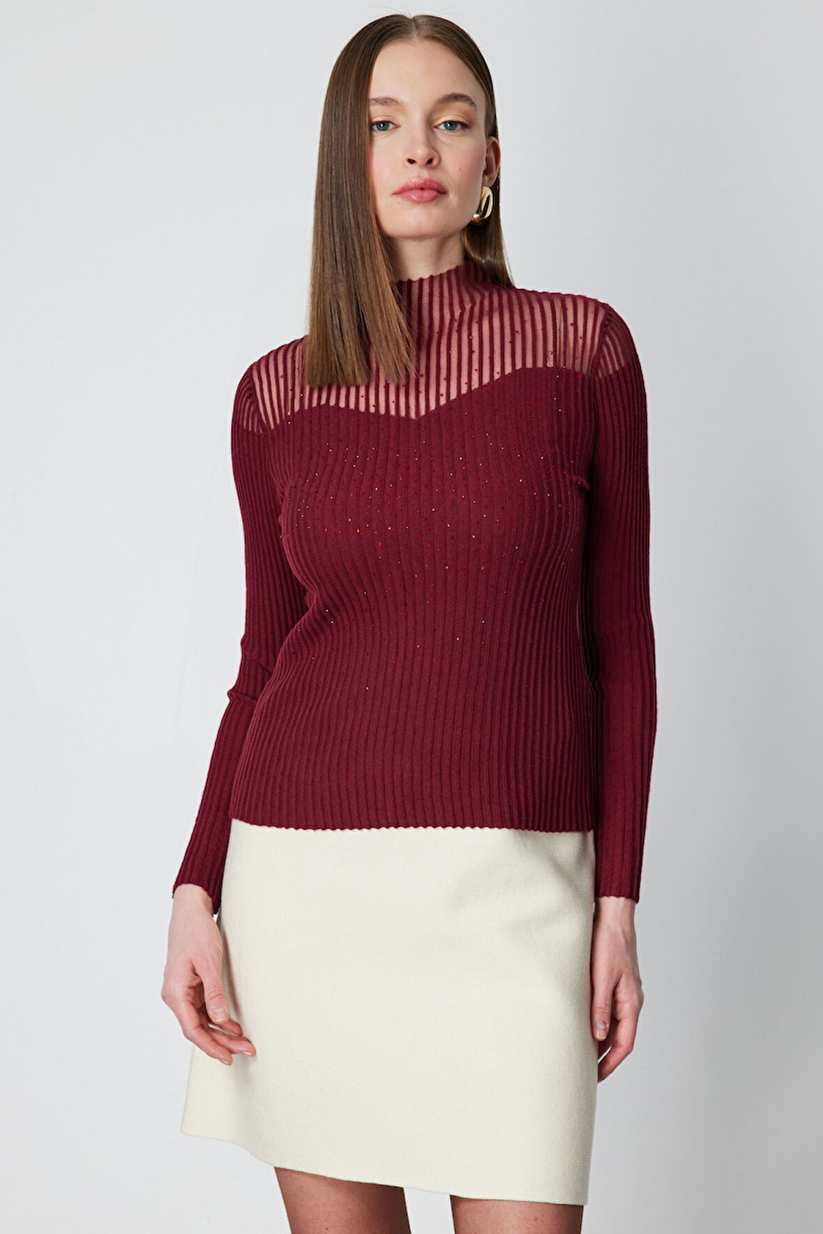 On Kadın Yakası Transparan Taşlı Triko Kazak 60340 Kırmızı