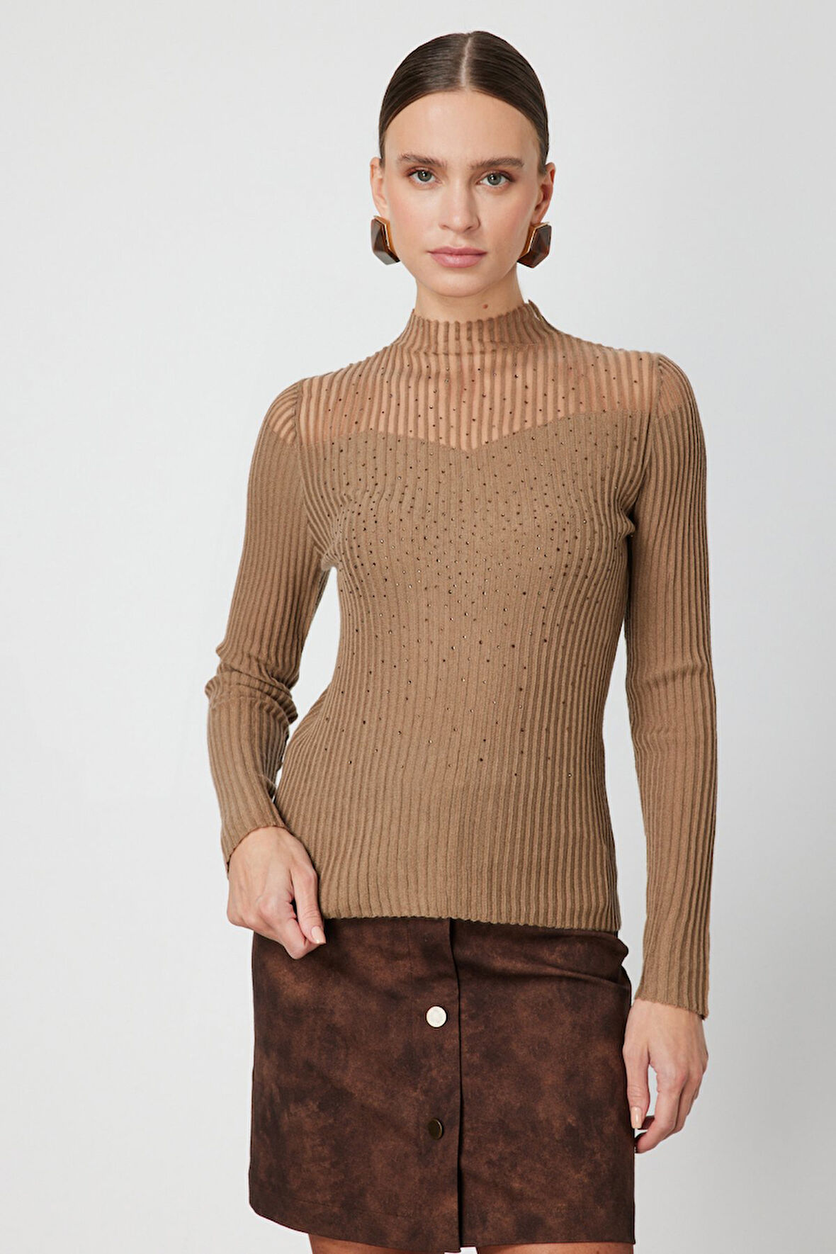 On Kadın Yakası Transparan Taşlı Triko Kazak 60340 Camel