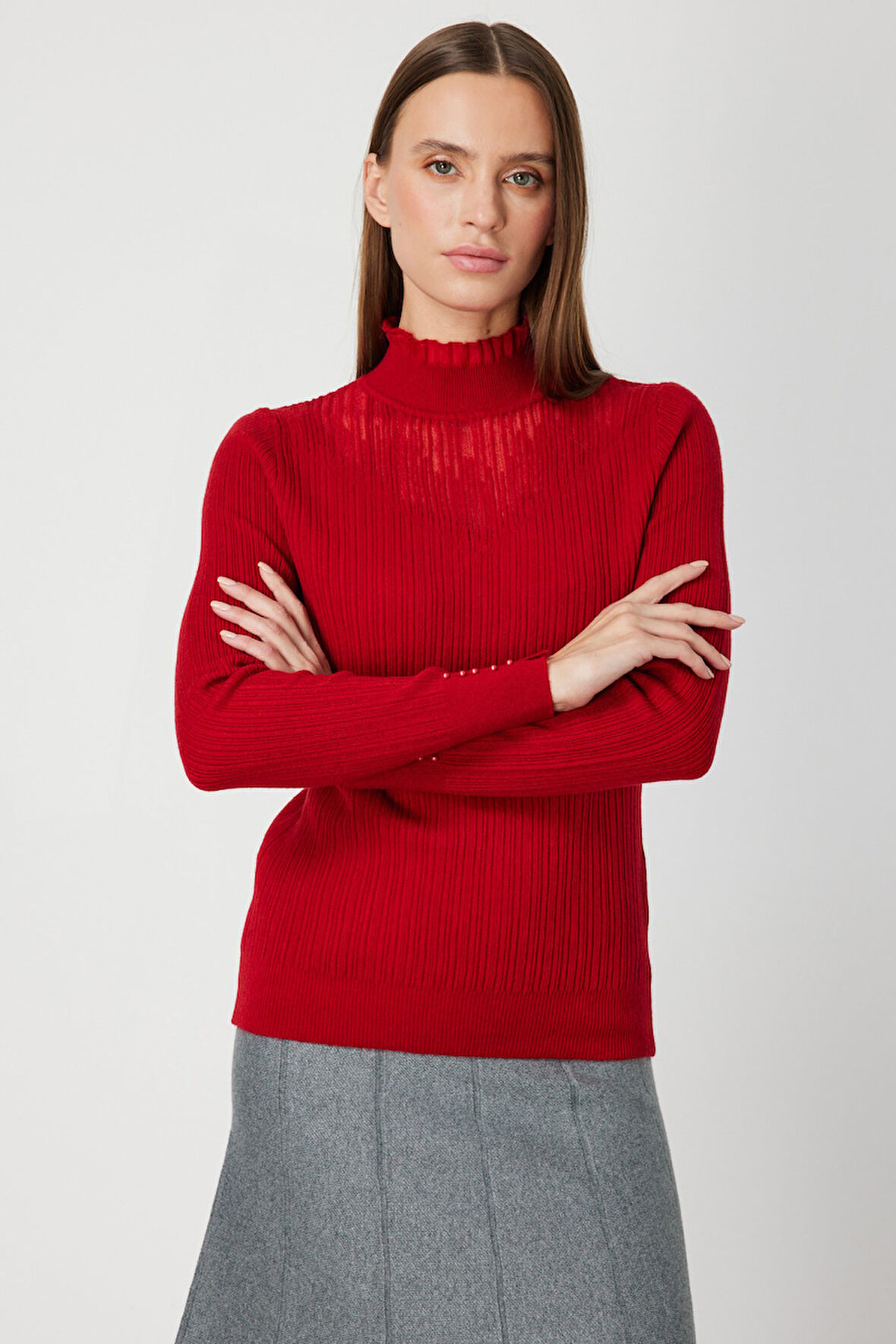 On Kadın Tül Detaylı Fitilli Triko Kazak 60341 Kırmızı