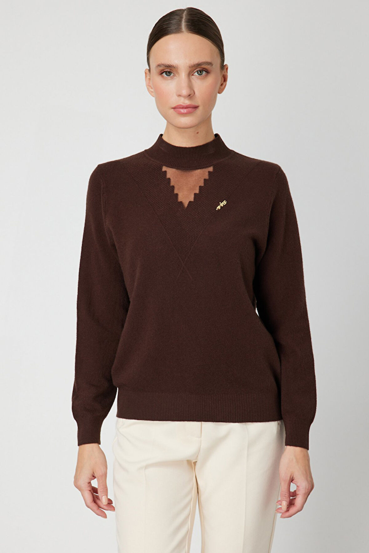 On Kadın Yakası Tül Detaylı Pamuklu Triko Kazak 60342 Kahverengi