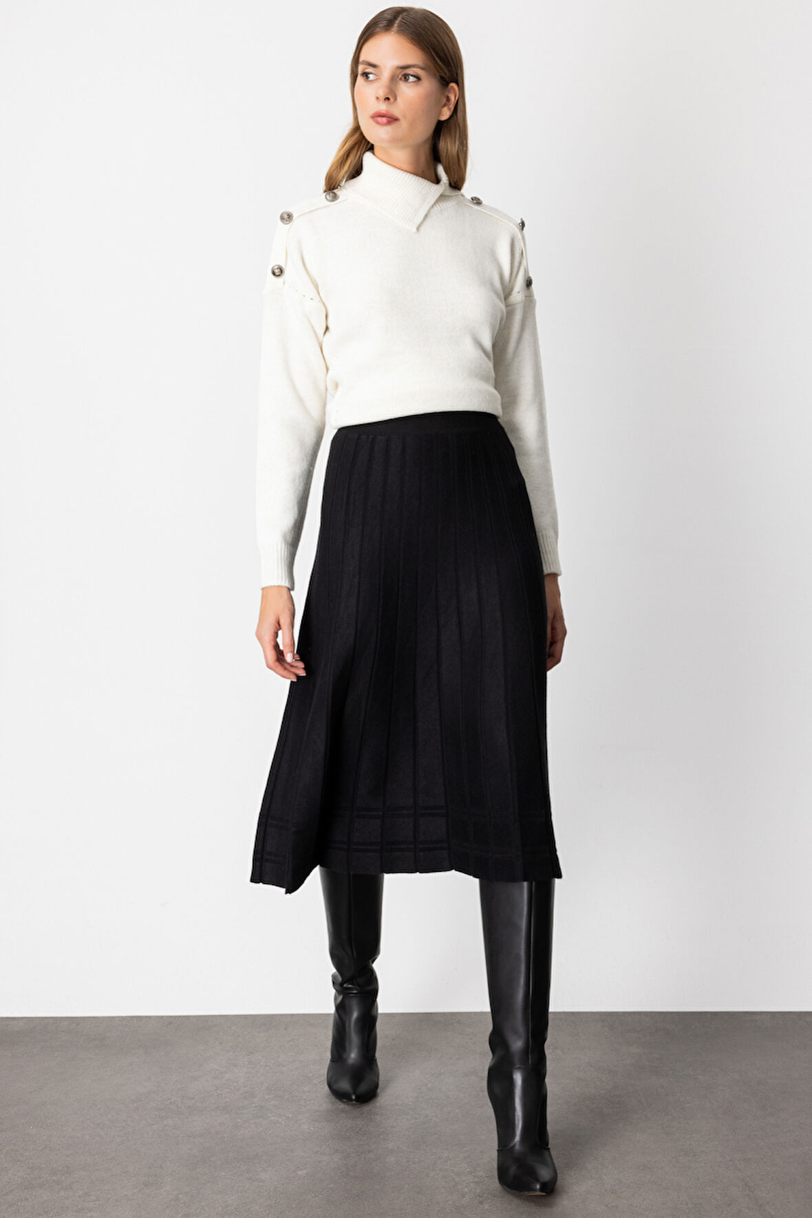 On Kadın Pileli Midi Boy Triko Etek 60201 Siyah