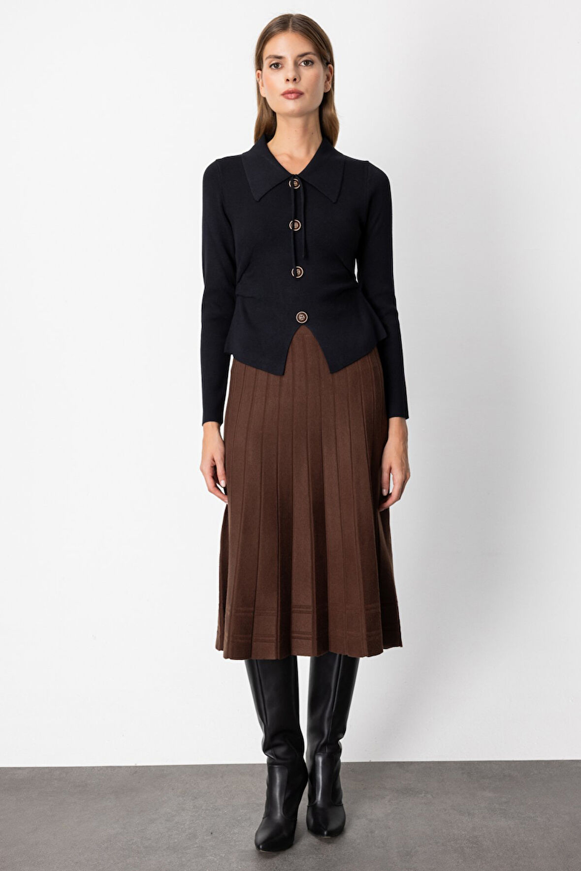 On Kadın Pileli Midi Boy Triko Etek 60201 Kahverengi