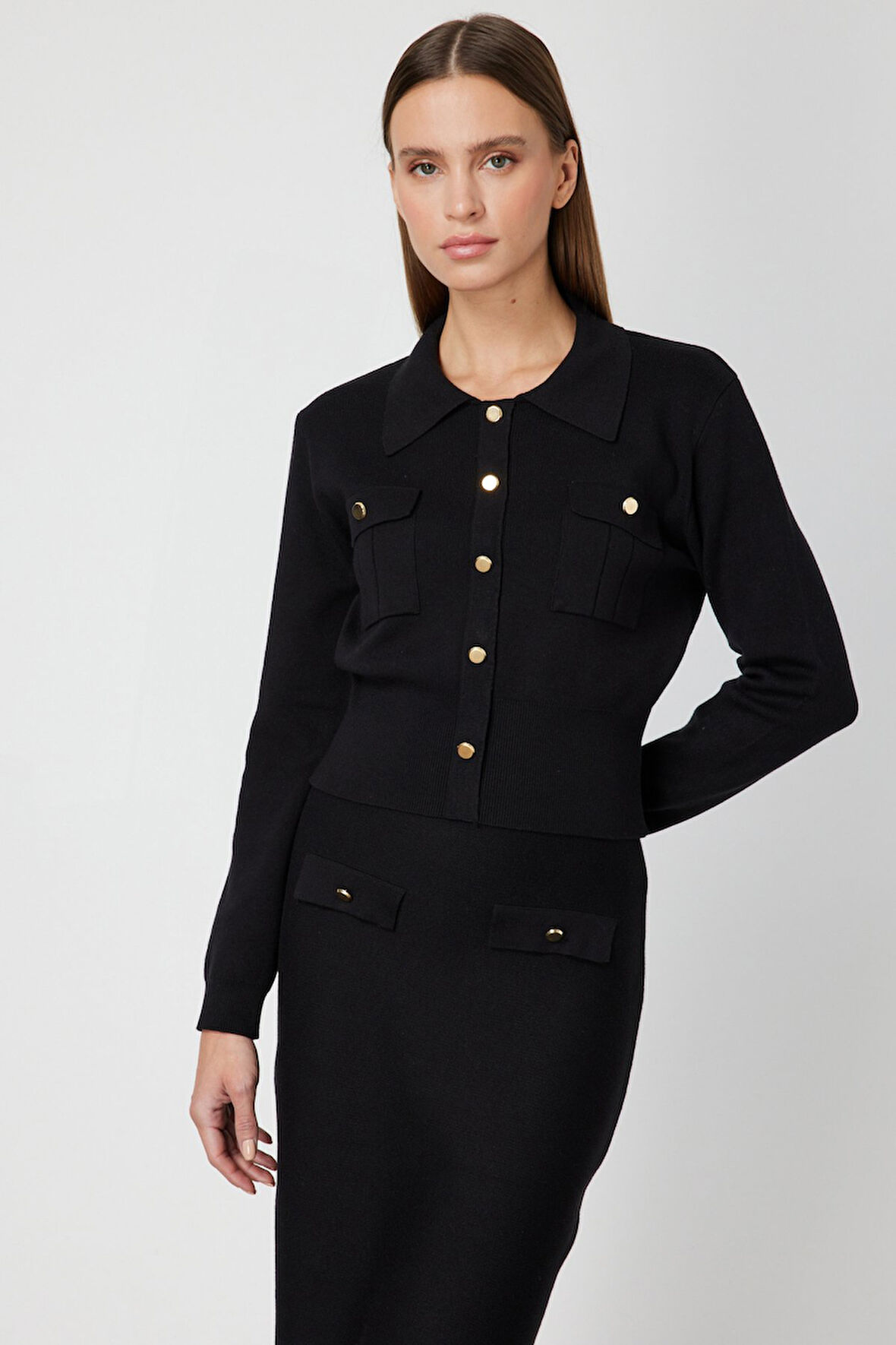 On Kadın Süs Düğmeli Kapak Cepli Triko Kazak 69507 Siyah