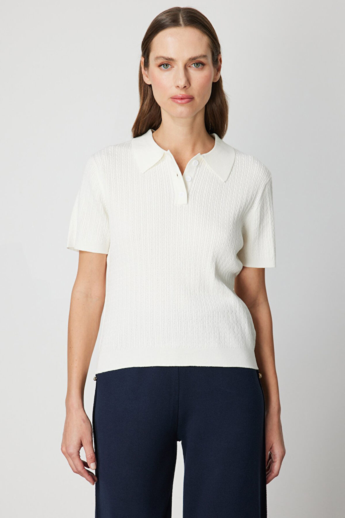 On Kadın Örgülü Kısa Kollu Triko Kazak 60314 Ekru