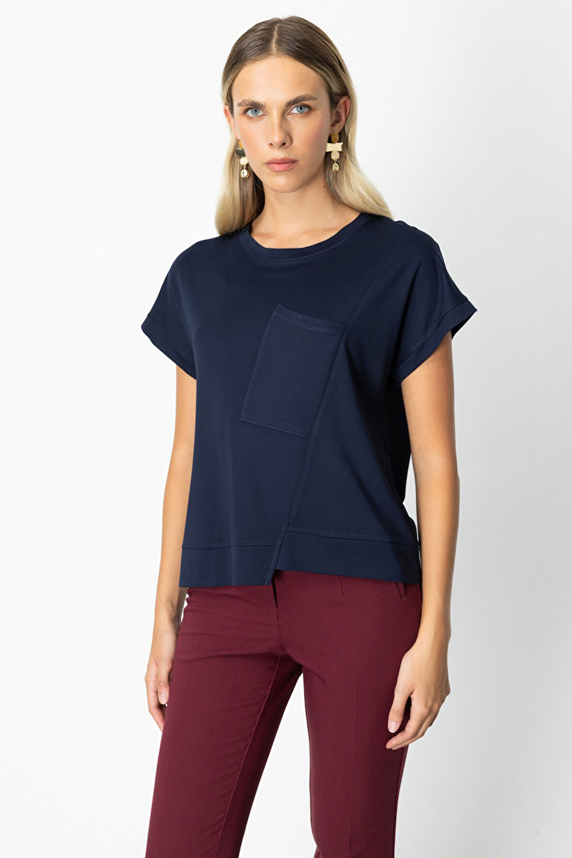 On Kadın Önü Verev Sıfır Yaka Bluz 61584 Lacivert