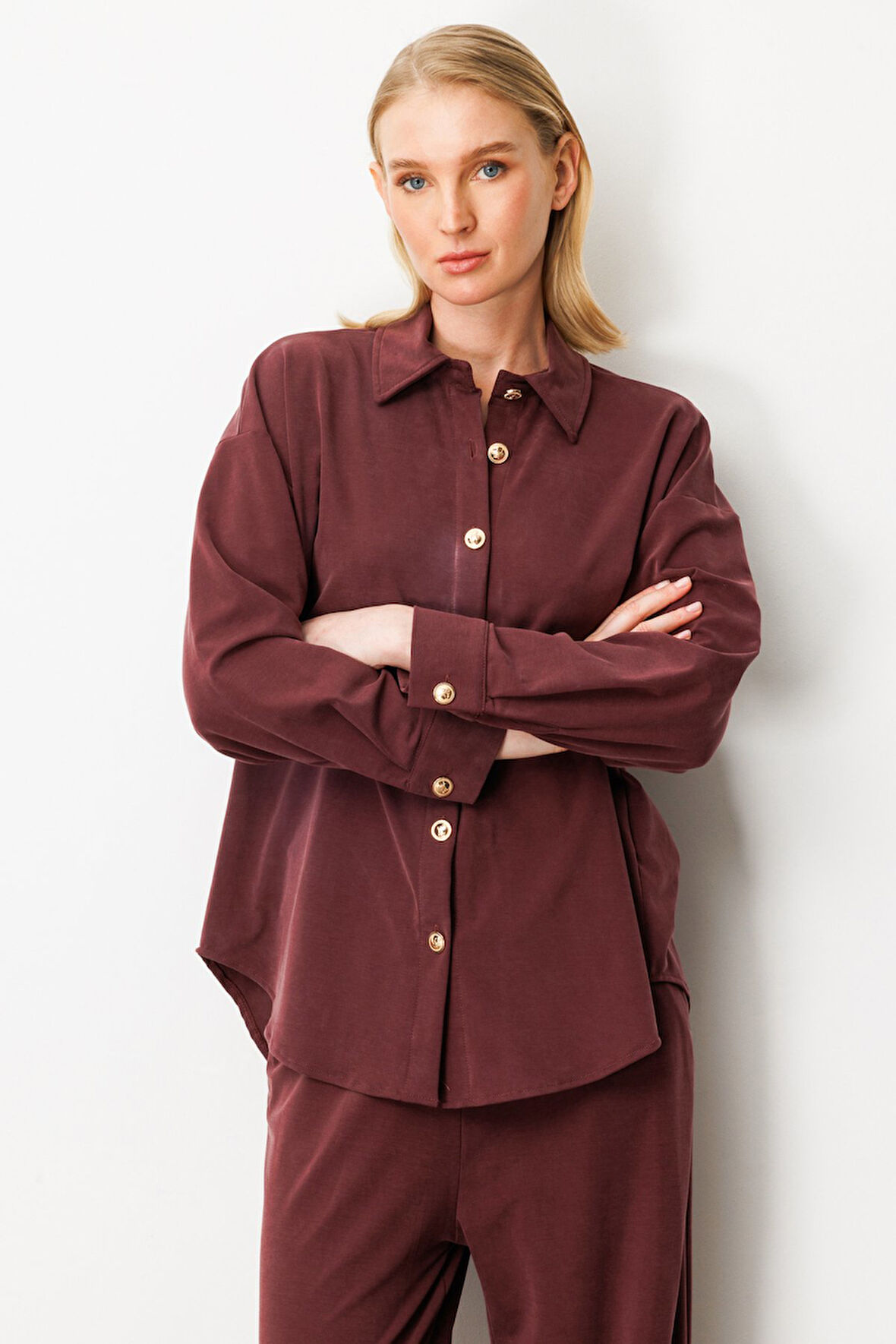 On Kadın Düşük Omuzlu Uzun Gömlek 66306 Bordo