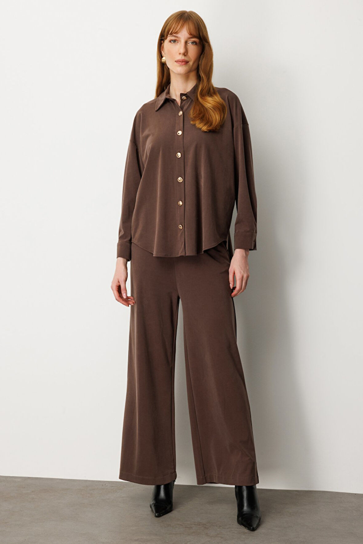 On Kadın Beli Lastikli Bol Paça Pantolon 66307 Kahverengi