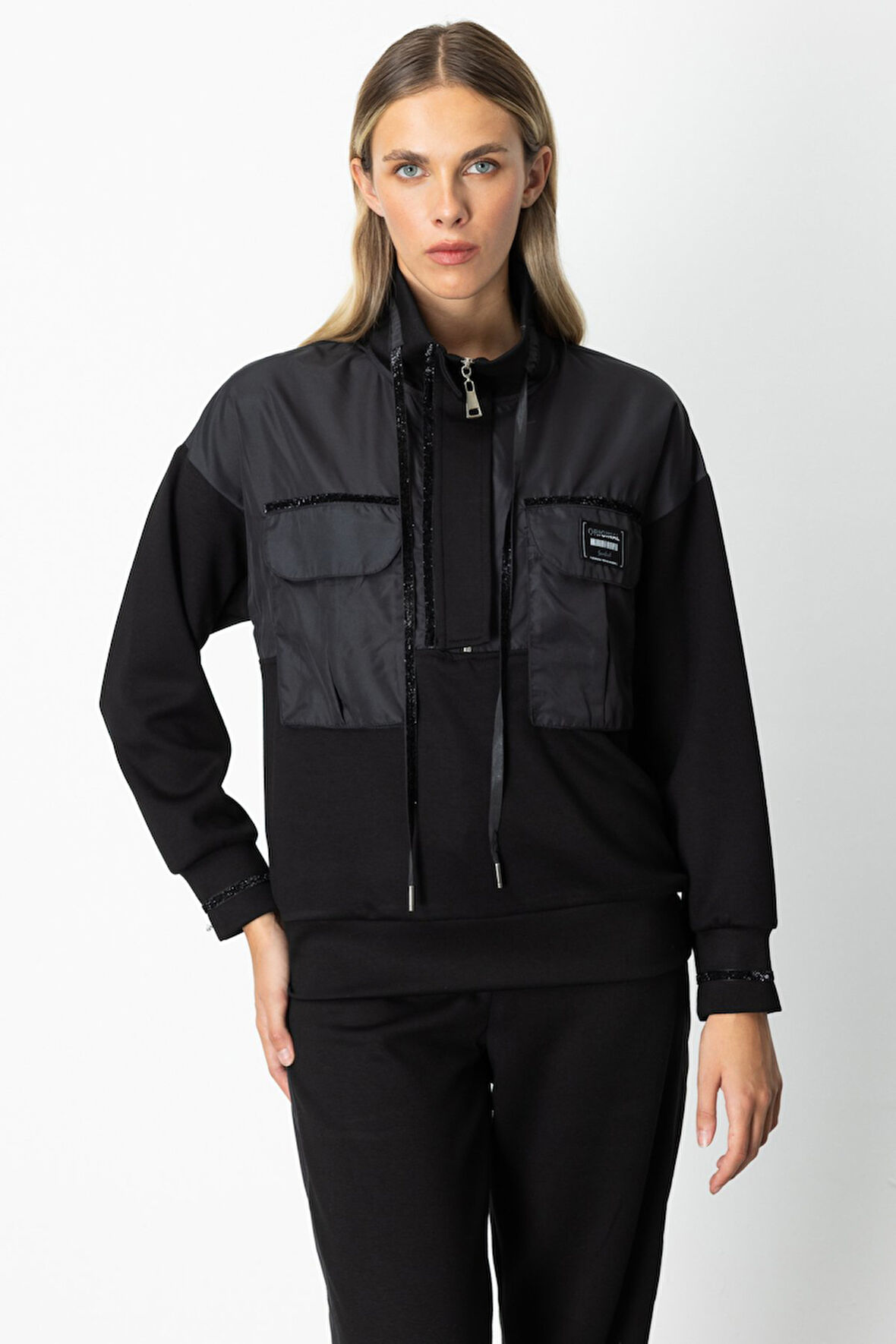 On Kadın Yakası Fermuarlı Mix Kumaş Eşofman Üstü 66324 Siyah