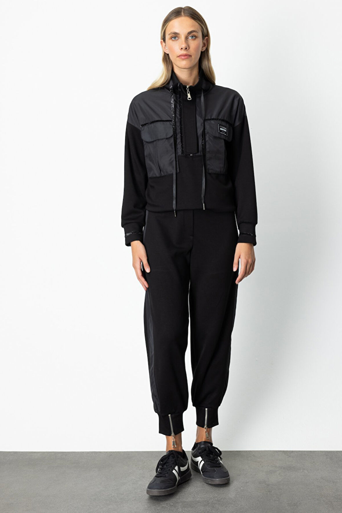 On Kadın Paçası Fermuarlı Mix Kumaş Eşofman Altı 66325 Siyah