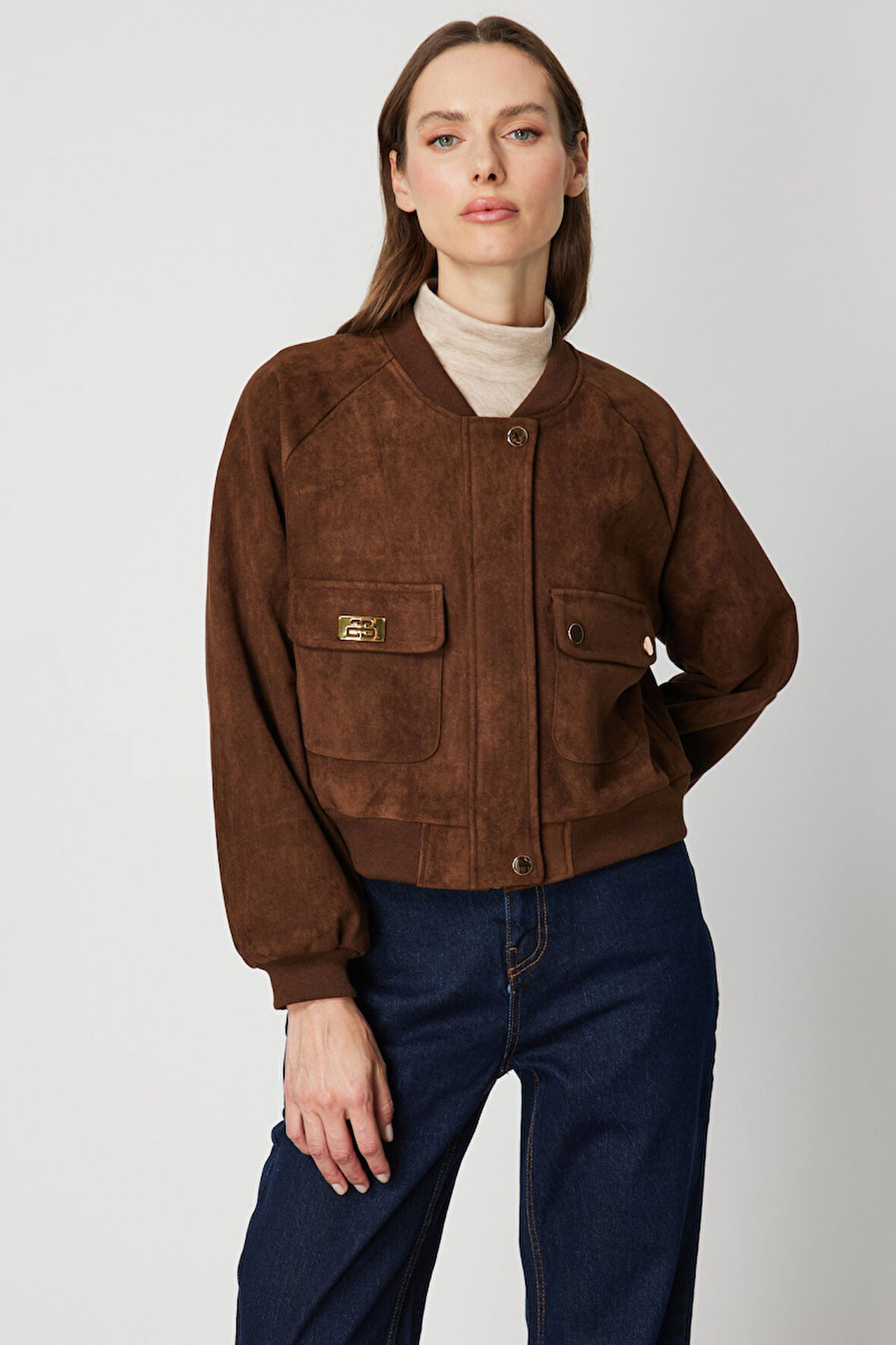 On Kadın Kapak Cepli Süet Crop Mont 60705 Kahverengi