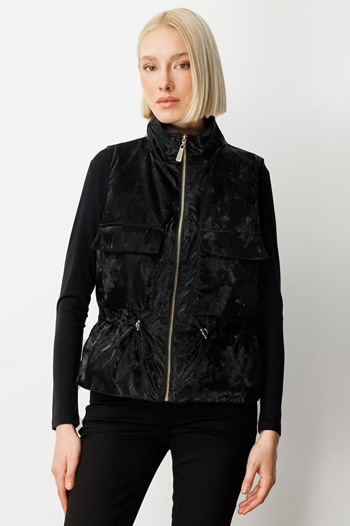 On Kadın Dik Yaka Beli Lastikli Yelek 60998 Siyah