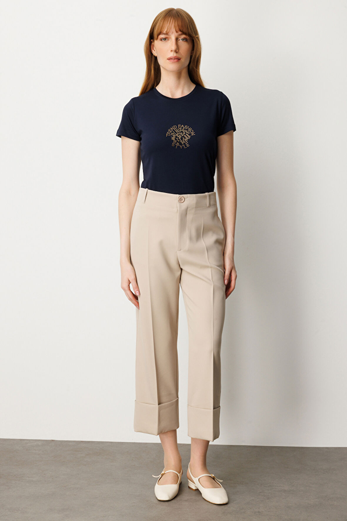 On Kadın Duble Paça Yan Cepli Pantolon 64127 Taş