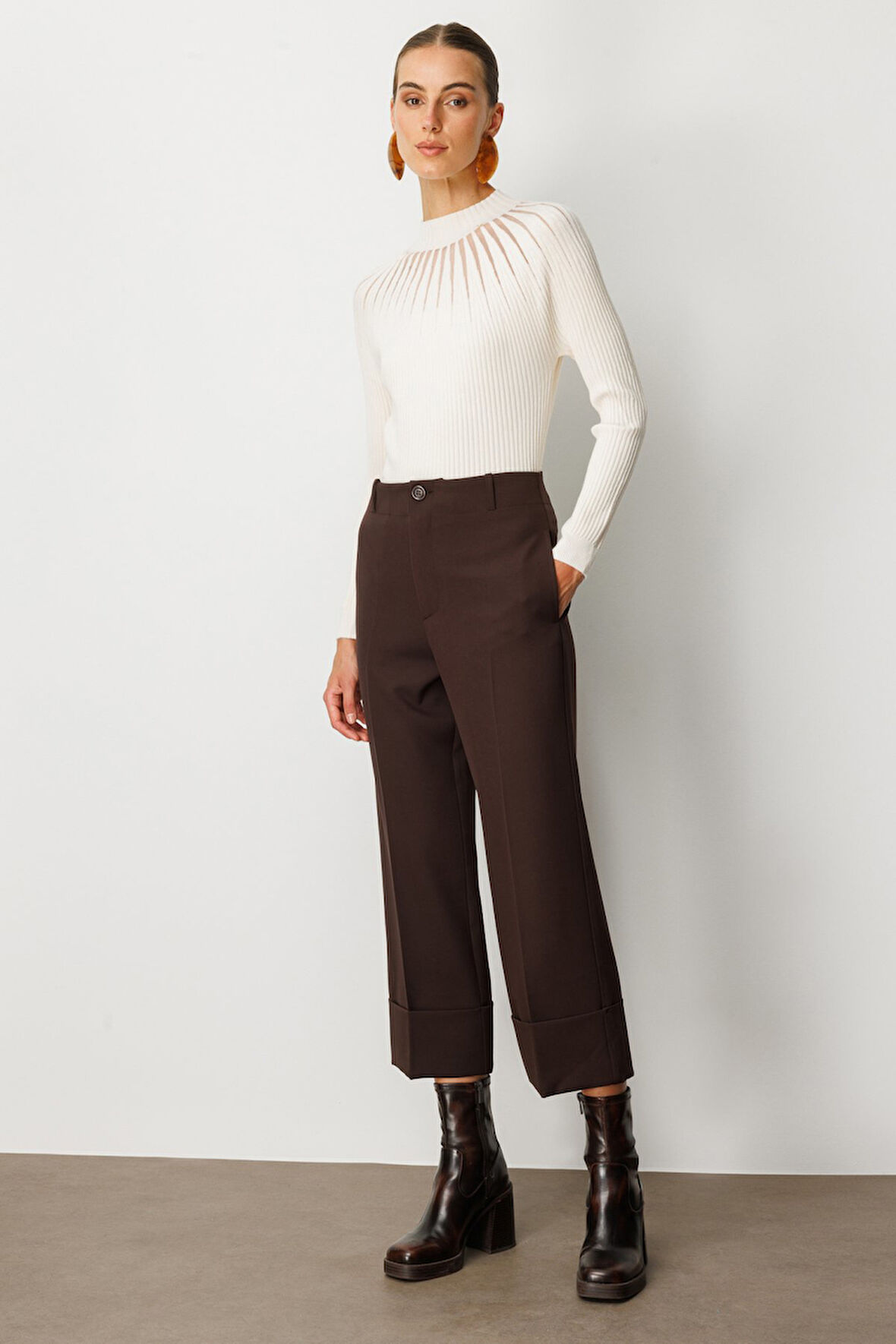 On Kadın Duble Paça Yan Cepli Pantolon 64127 Kahverengi