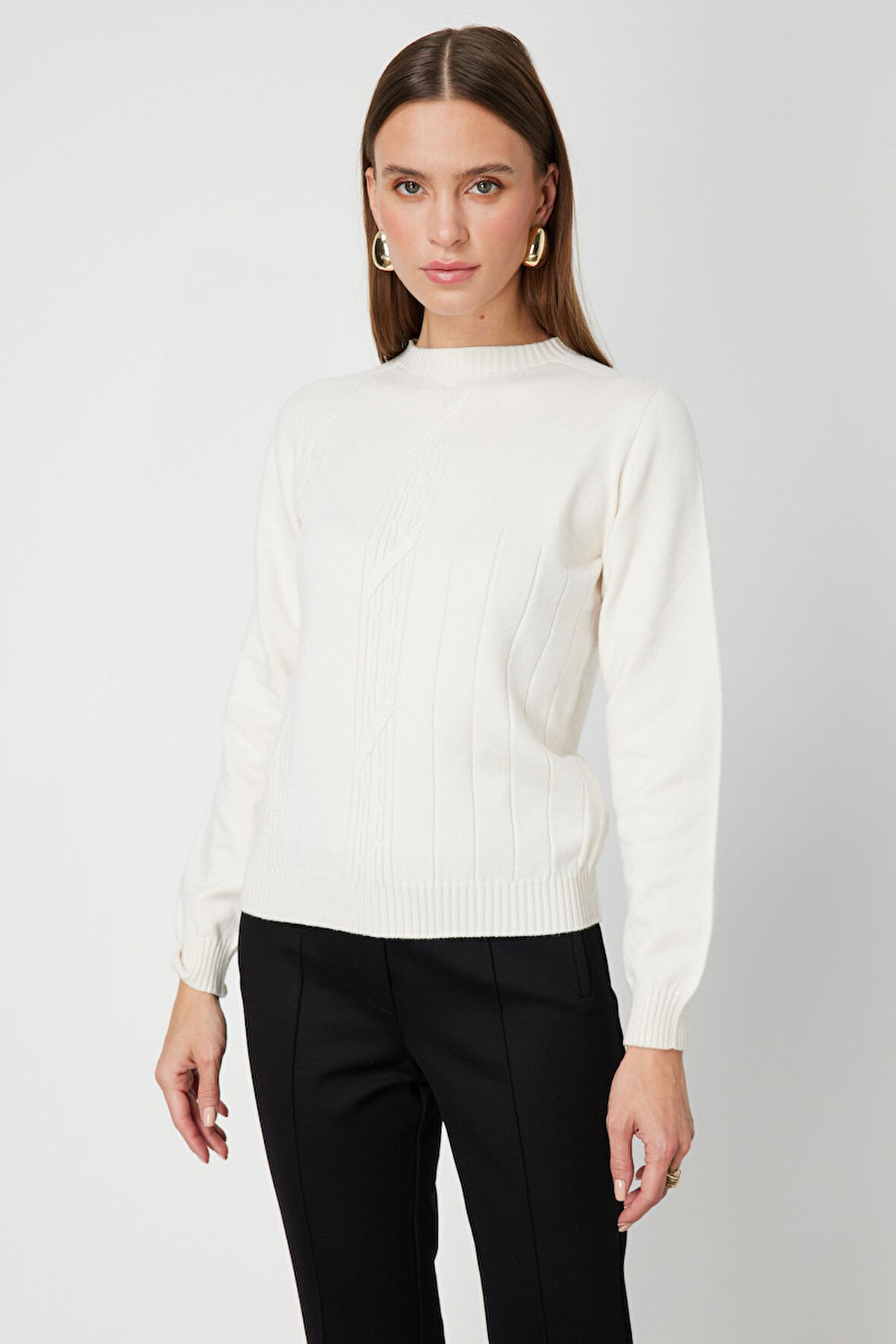 On Kadın Örgülü Sıfır Yaka Triko Kazak 69313 Ekru