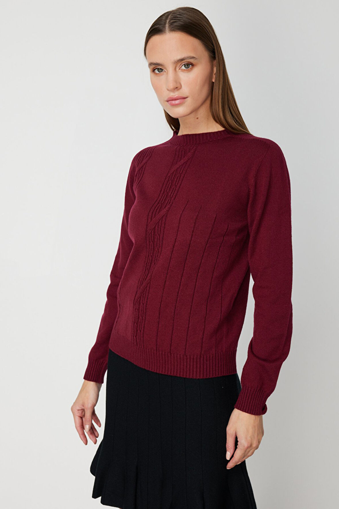 On Kadın Örgülü Sıfır Yaka Triko Kazak 69313 Bordo