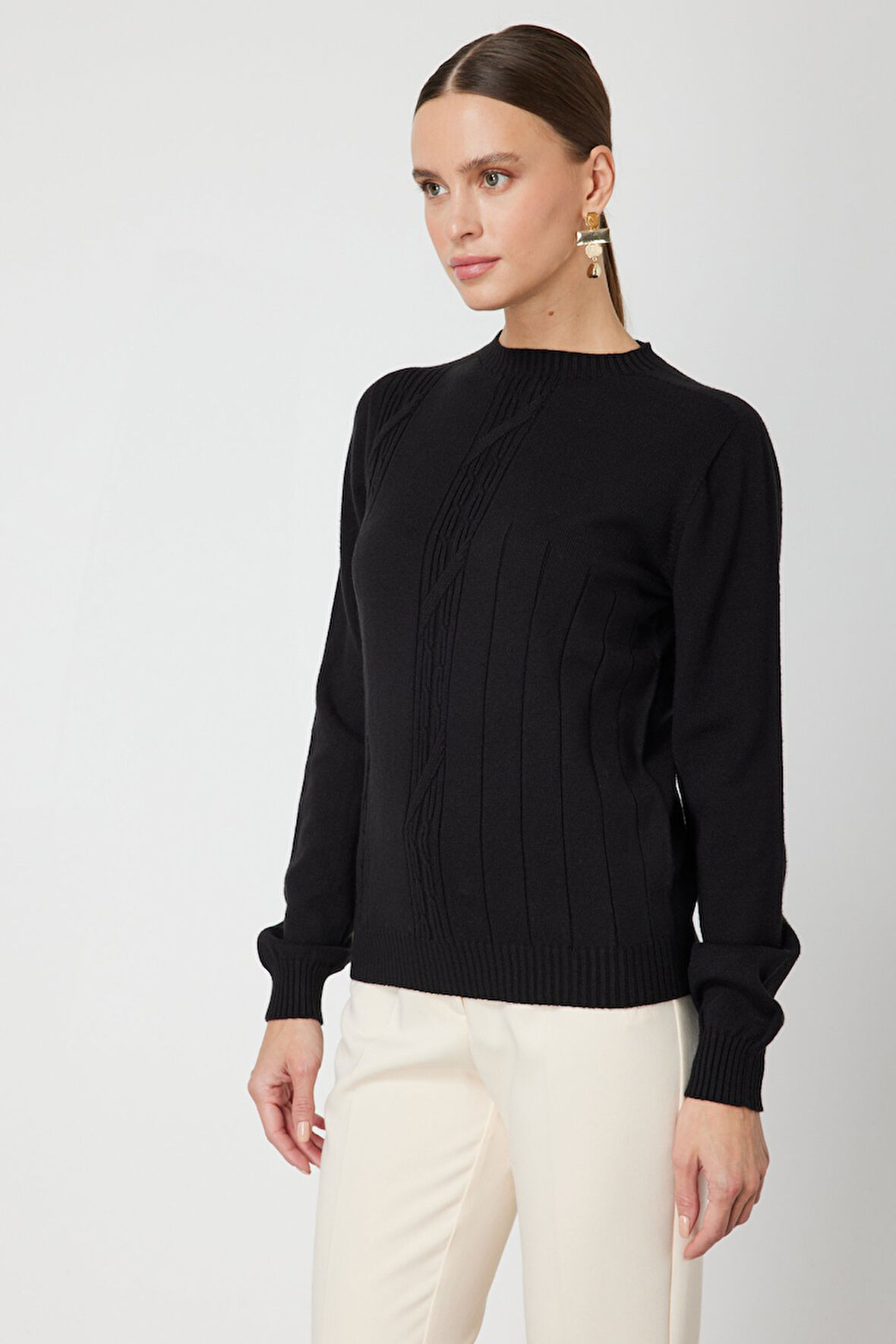 On Kadın Örgülü Sıfır Yaka Triko Kazak 69313 Siyah