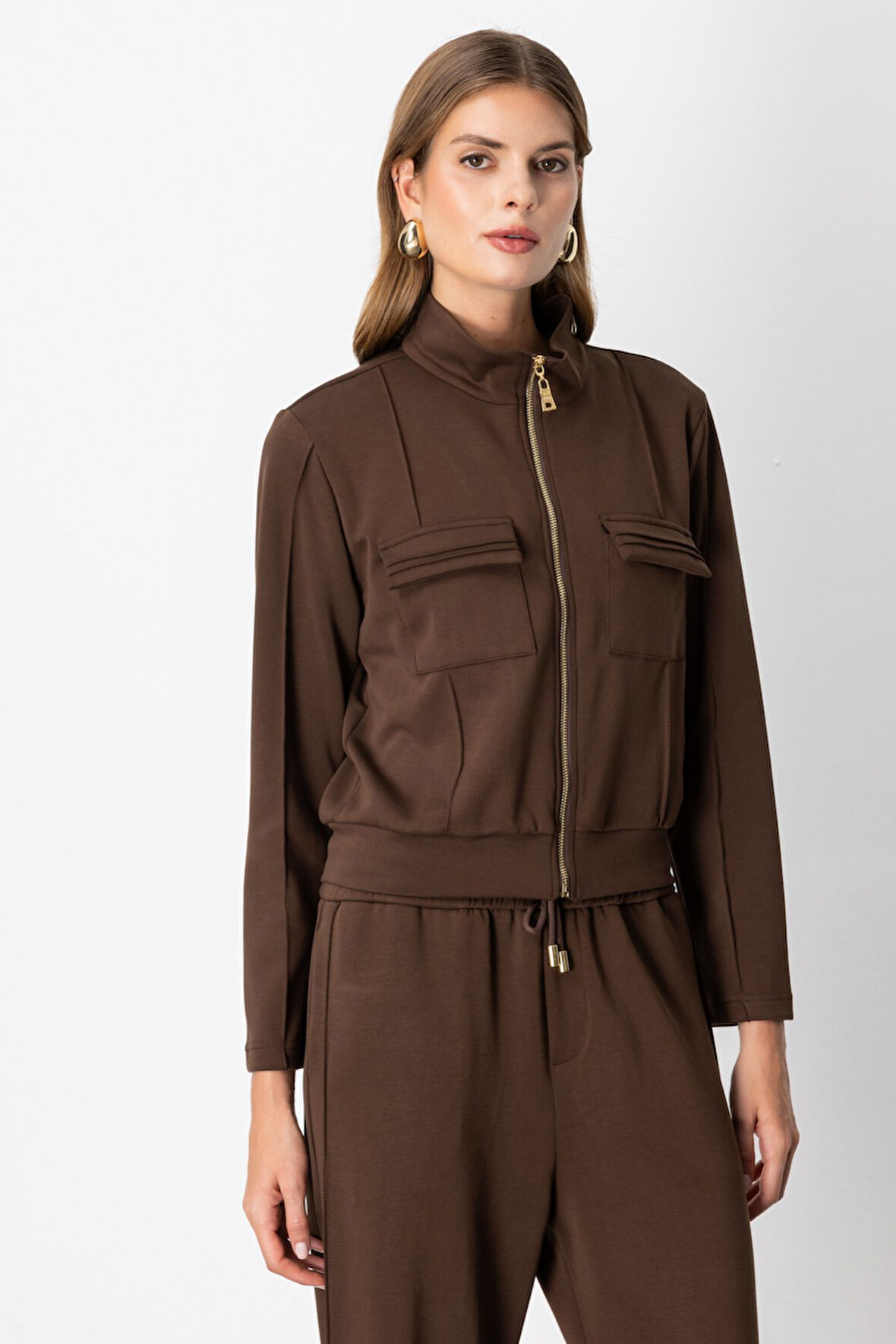 On Kadın Cep Detaylı Dik Yaka Eşofman Üstü 66509 Kahverengi