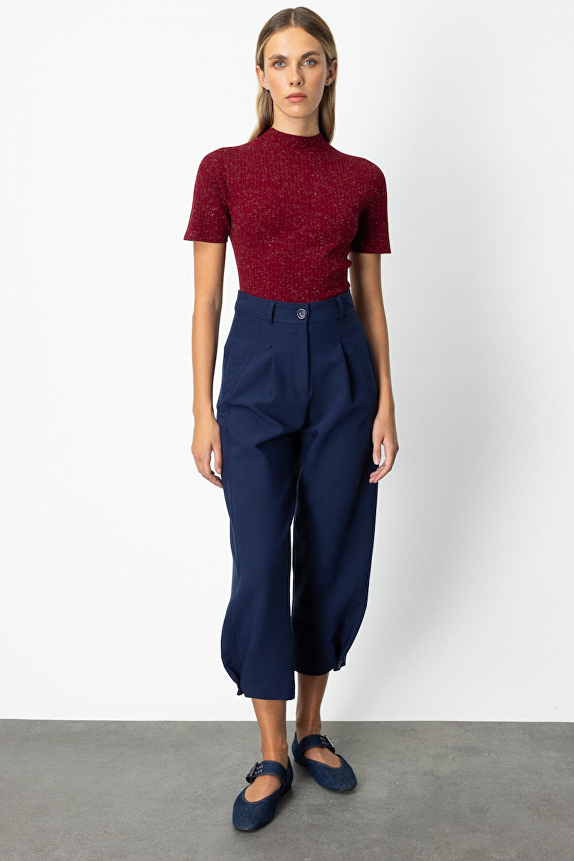 On Kadın Paçası Düğmeli Fleto Cepli Pantolon 64137 Lacivert