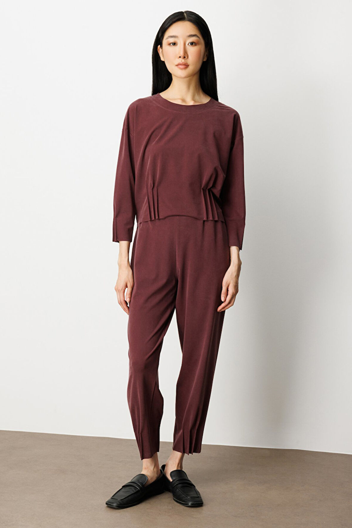 On Kadın Beli Lastikli Paçası Dikişli Pantolon 64409 Bordo