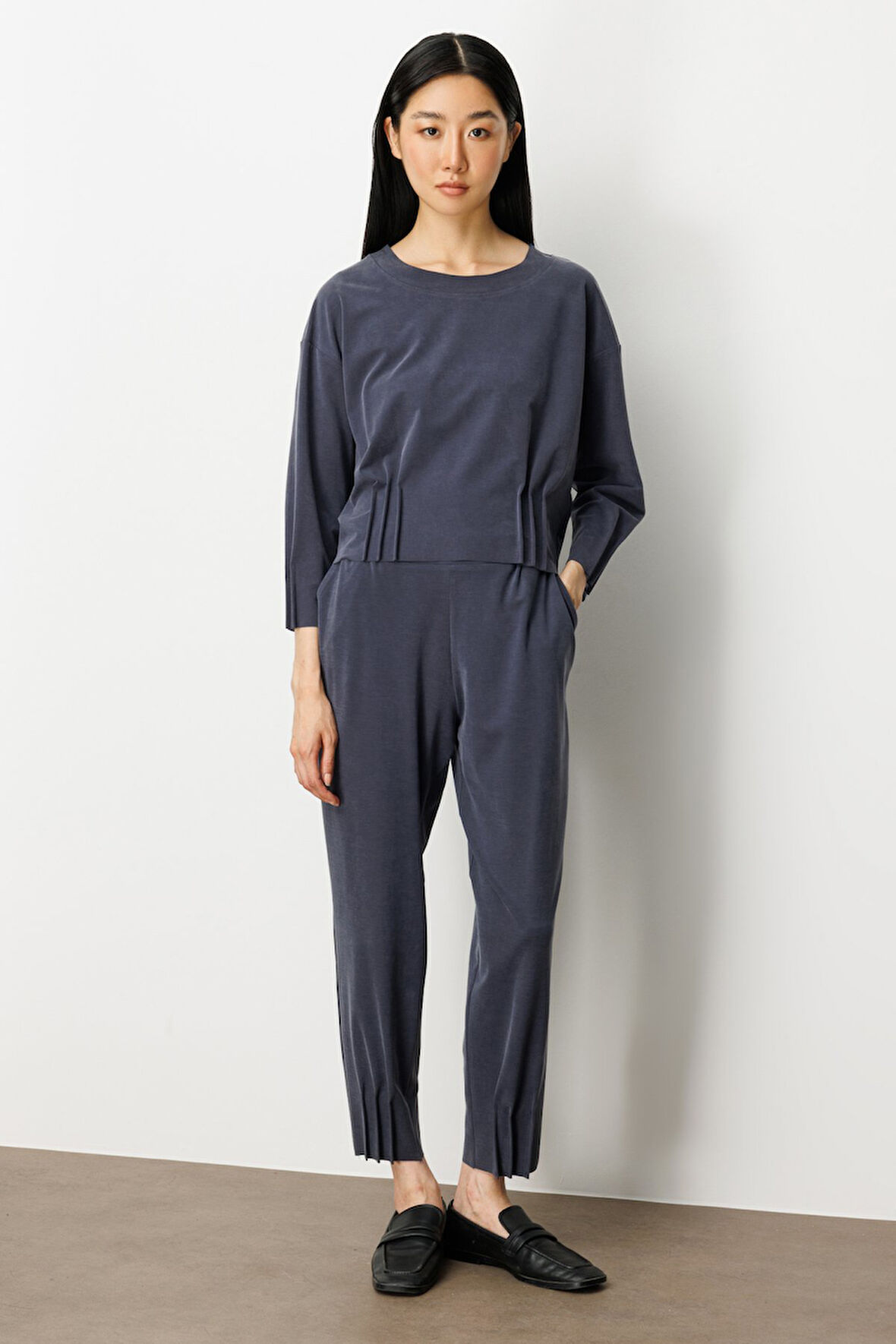 On Kadın Beli Lastikli Paçası Dikişli Pantolon 64409 Lacivert