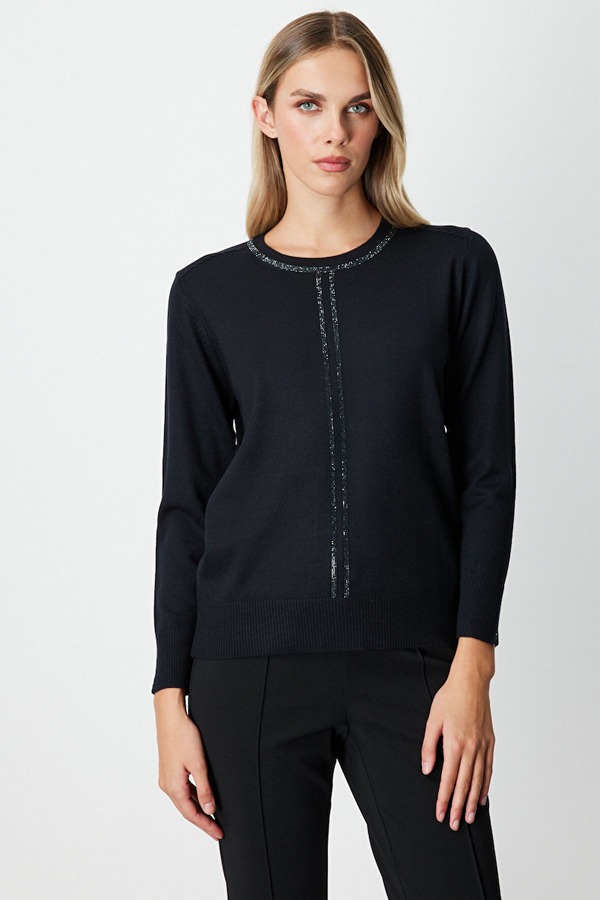 On Kadın Taş İşlemeli Triko Kazak 65397 Siyah