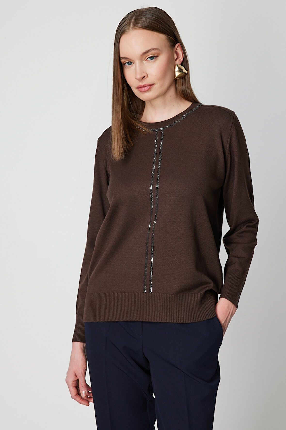 On Kadın Taş İşlemeli Triko Kazak 65397 Kahverengi