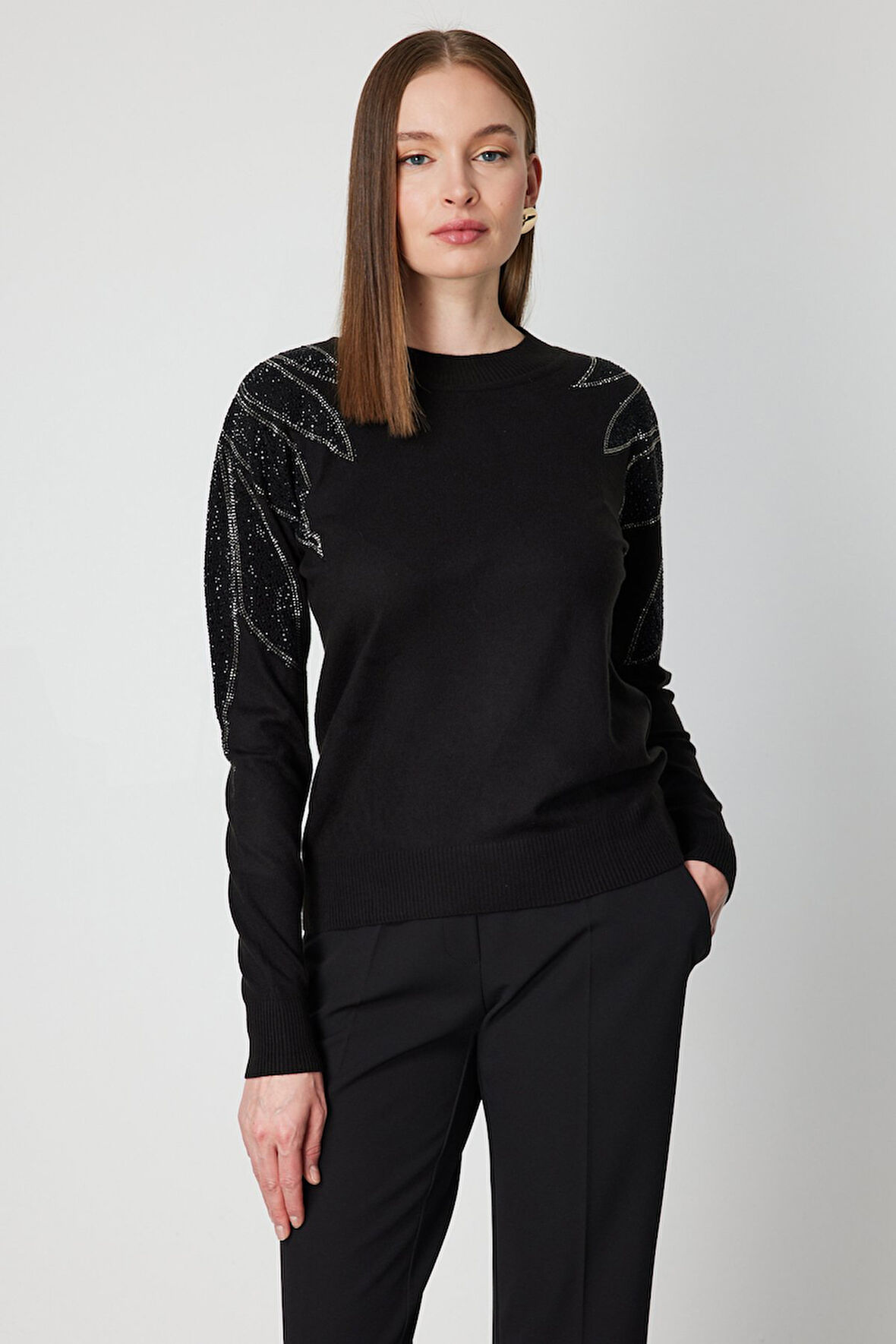 On Kadın Omuzları Taş İşlemeli Triko Kazak 66344 Siyah-Siyah