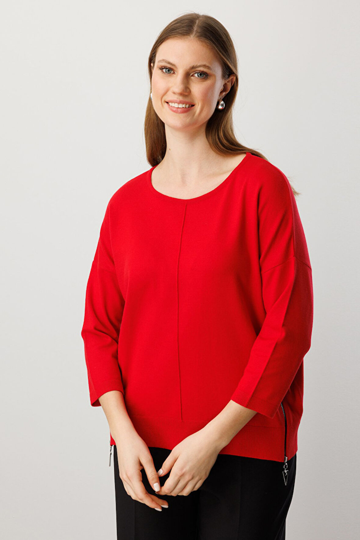 On Kadın Büyük Beden Fermuar Detaylı Triko Kazak 65389 Kırmızı