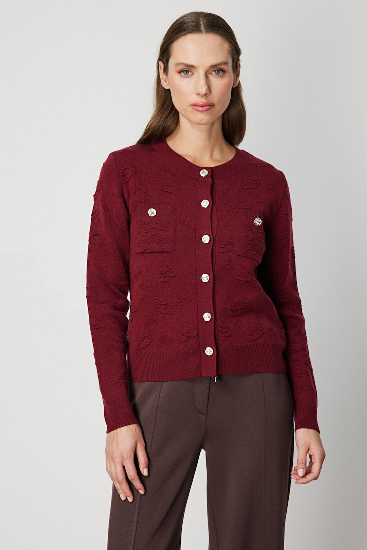 On Kadın Kabartmalı Sıfır Yaka Hırka 66938 Bordo