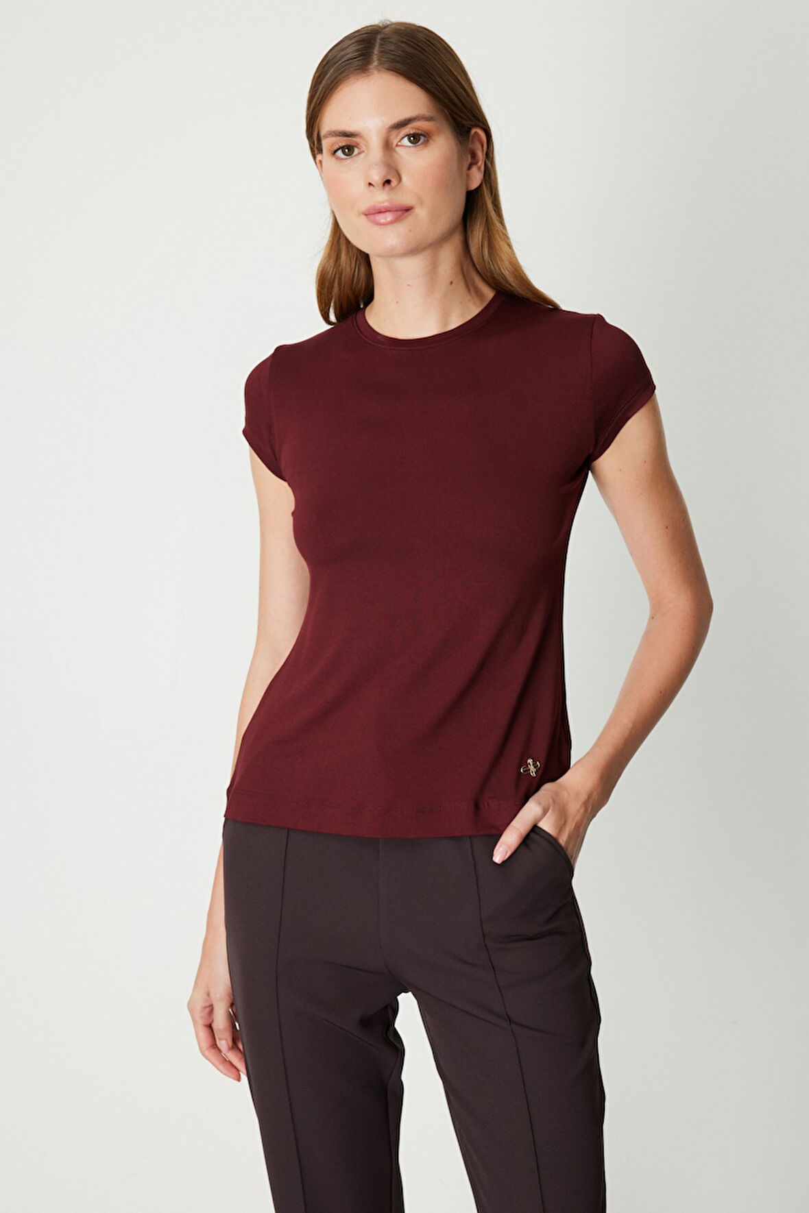 On Kadın Sıfır Yaka Ay Kol Basic Bluz 61302 Bordo