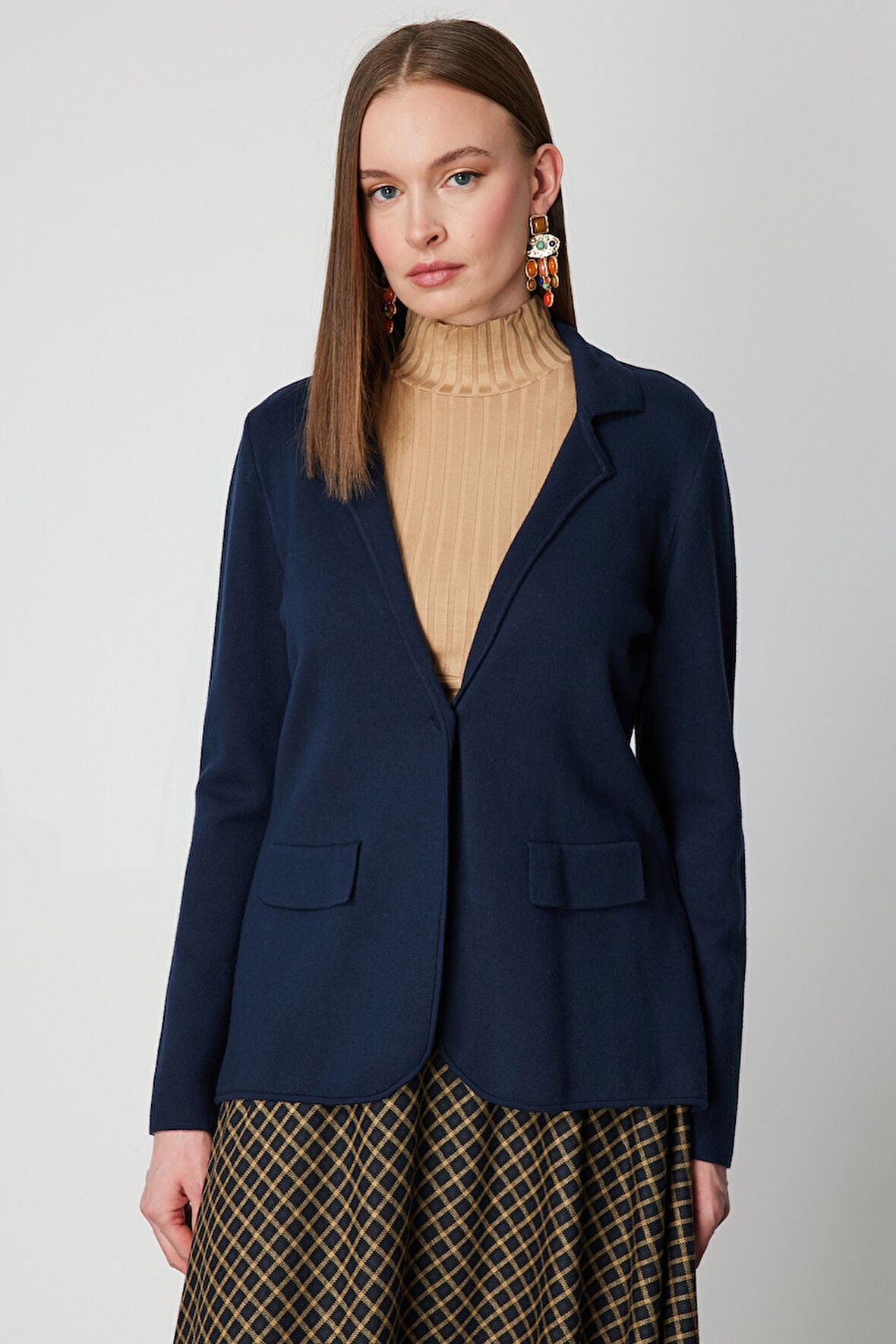 On Kadın Ceket Yaka Triko Hırka 63926 Lacivert