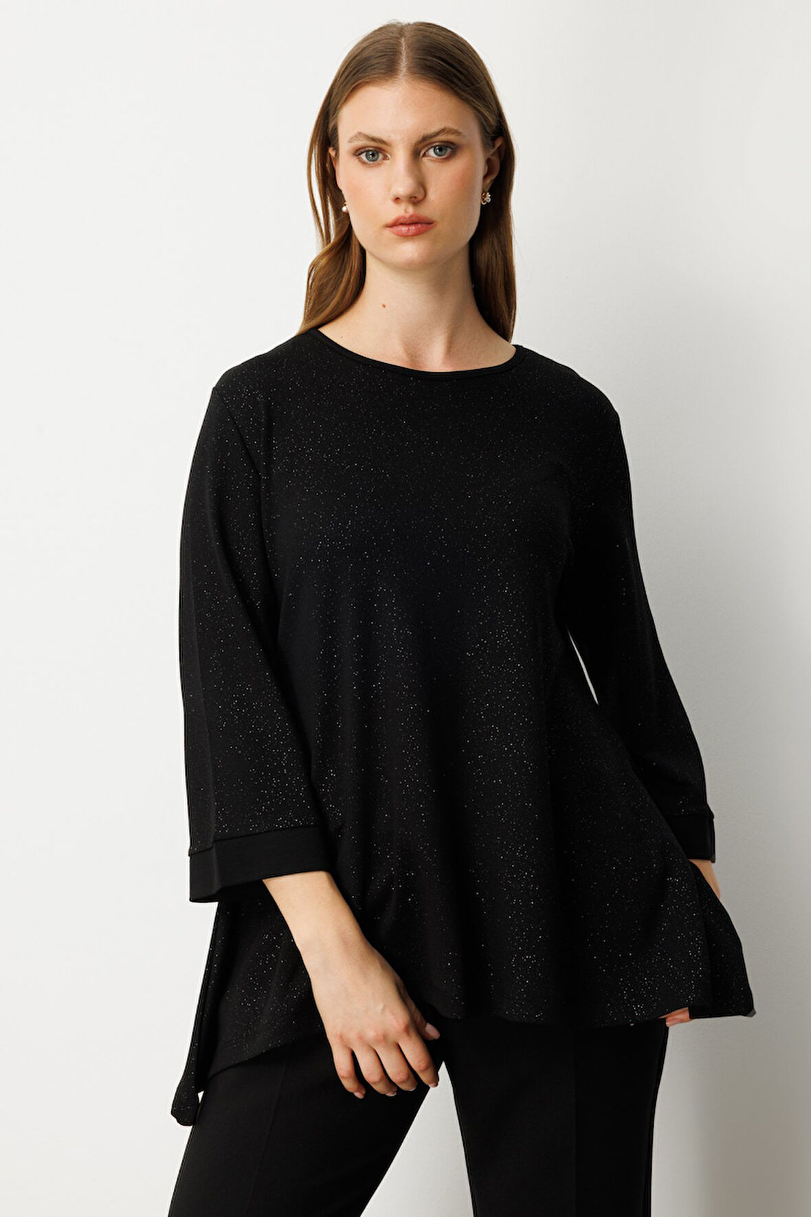 On Kadın Büyük Beden Kumaşı Simli Rahat Kalıp Bluz 61393 Siyah