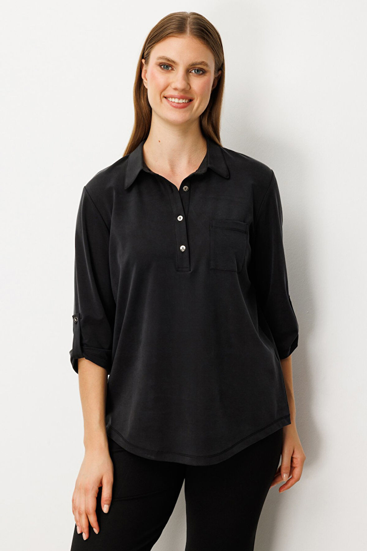 On Kadın Büyük Beden Yakası Düğmeli Cep Detaylı Bluz 61356 Siyah