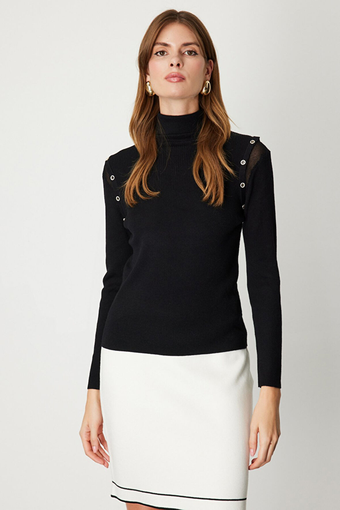 On Kadın Balıkçı Yaka Düğme Detaylı Triko Kazak 60414 Siyah