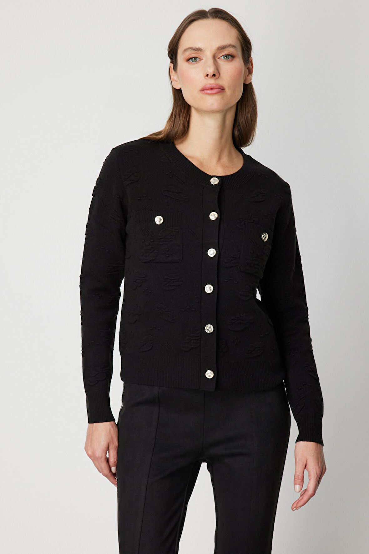 On Kadın Kabartmalı Sıfır Yaka Hırka 66938 Siyah